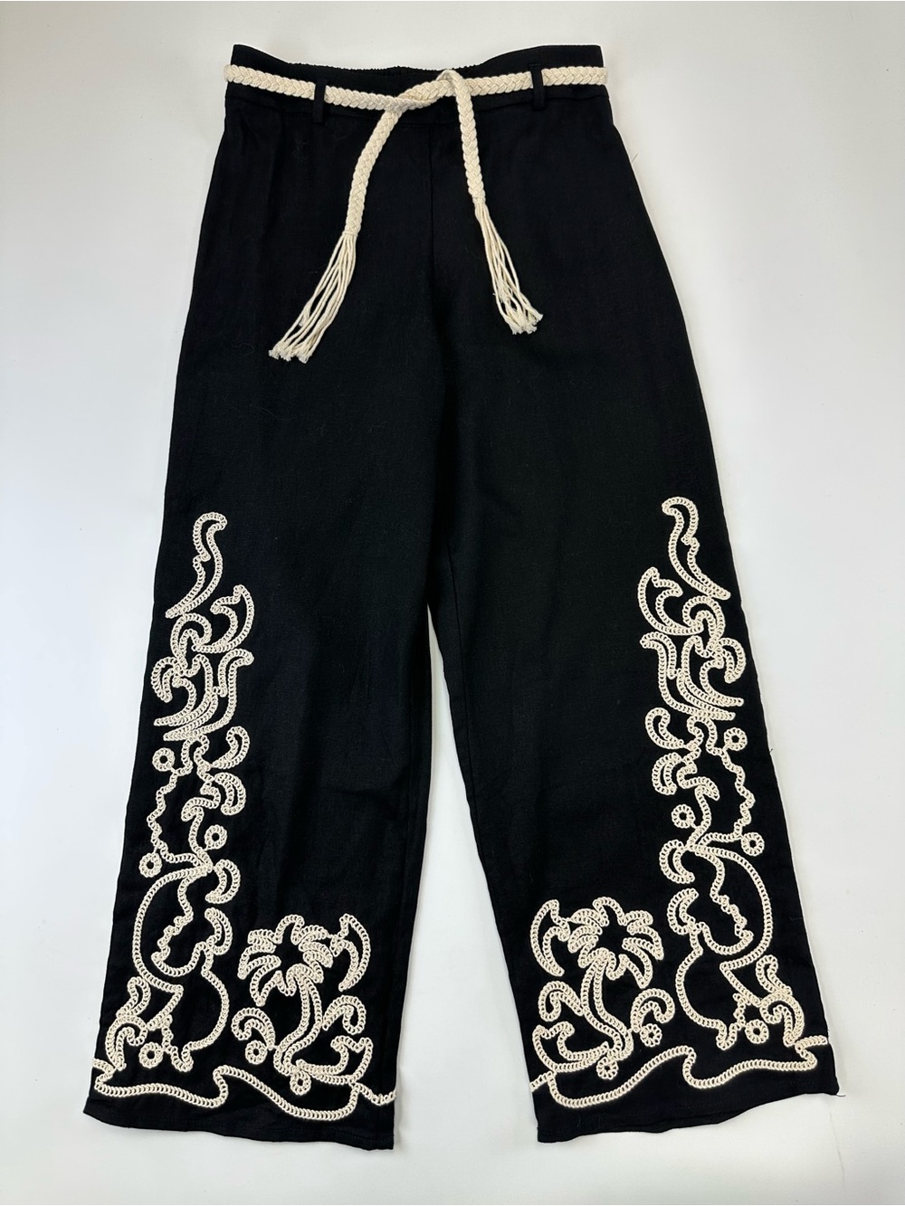 Joie Linen Blend Wide Leg Pants Small Black Cream Applique Resort Vacation Boho